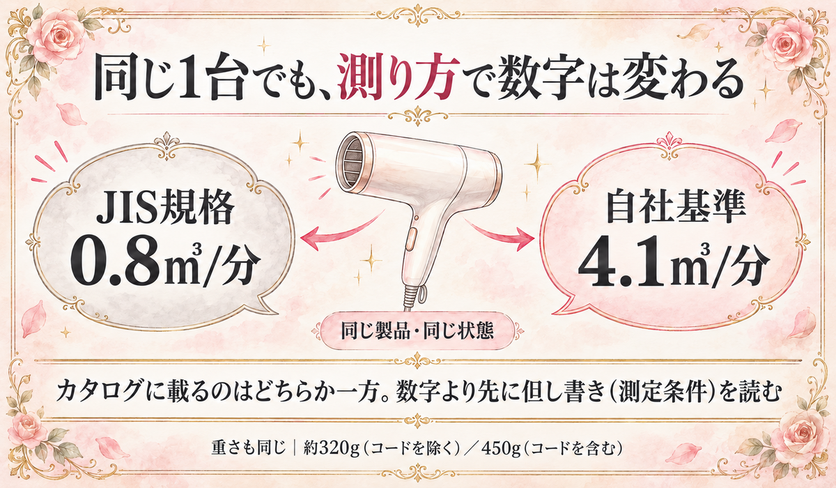 同じドライヤーでもJIS規格と自社基準で風量の公表値が変わることを示す図