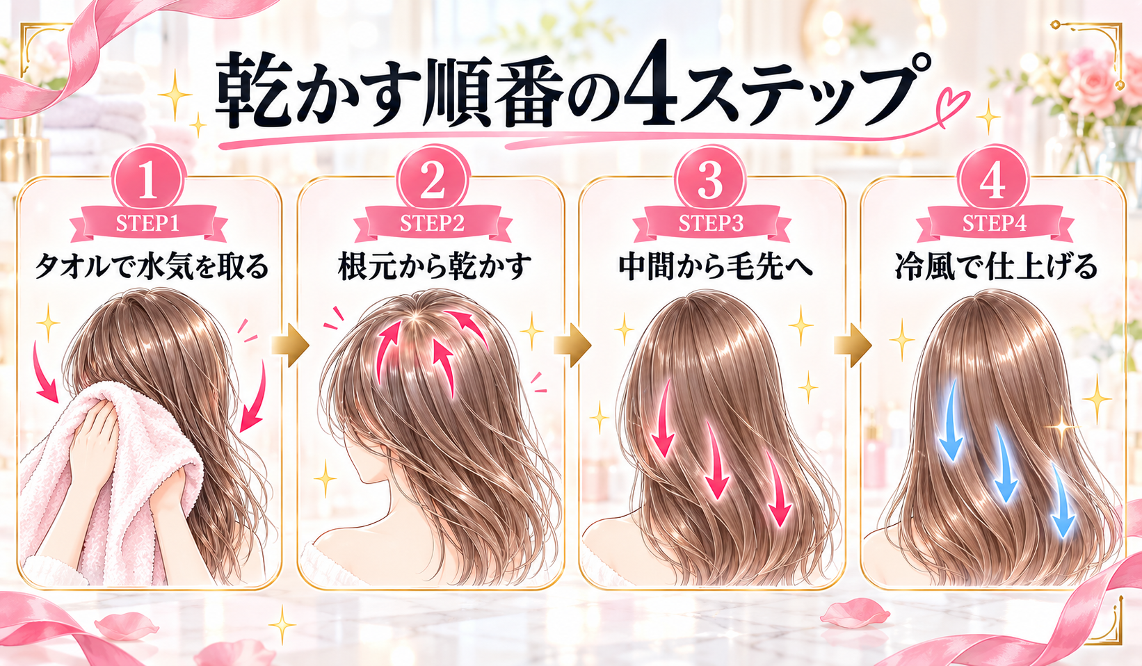 乾かす順番の4ステップ（タオルドライ・根元・毛先・冷風）