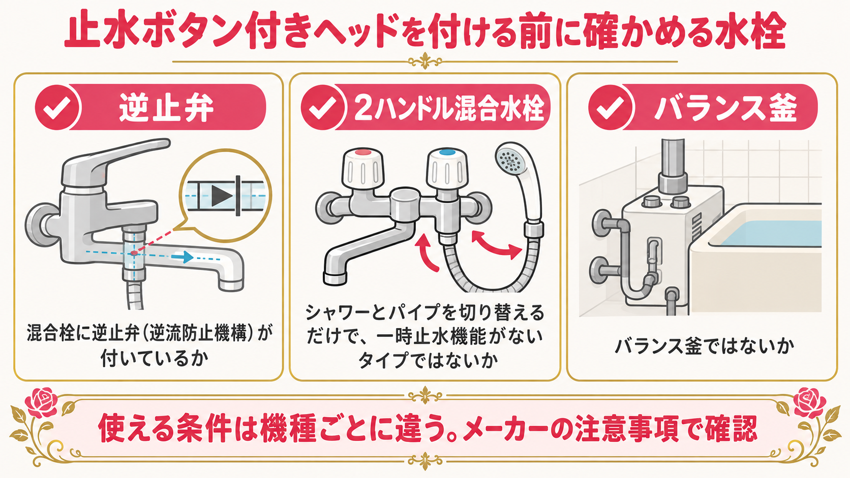 止水ボタン付きヘッドを付ける前に確かめる水栓の3条件