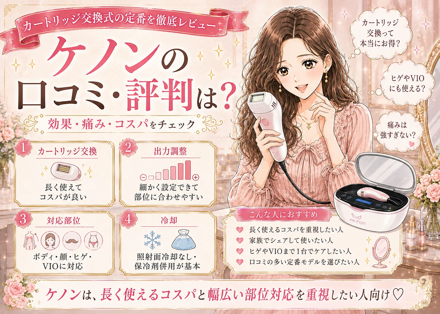 ケノンの口コミ・評判｜カートリッジ交換のコスパと効果・痛み・価格
