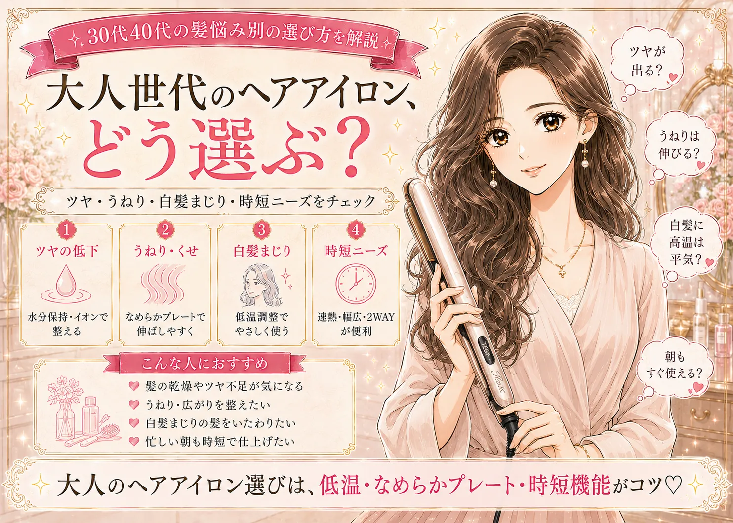大人世代のヘアアイロン｜30代40代の髪悩み別の選び方とツヤを出す機能