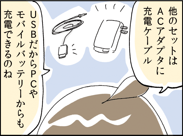 ACアダプタや充電ケーブルなどの付属品を確かめる場面