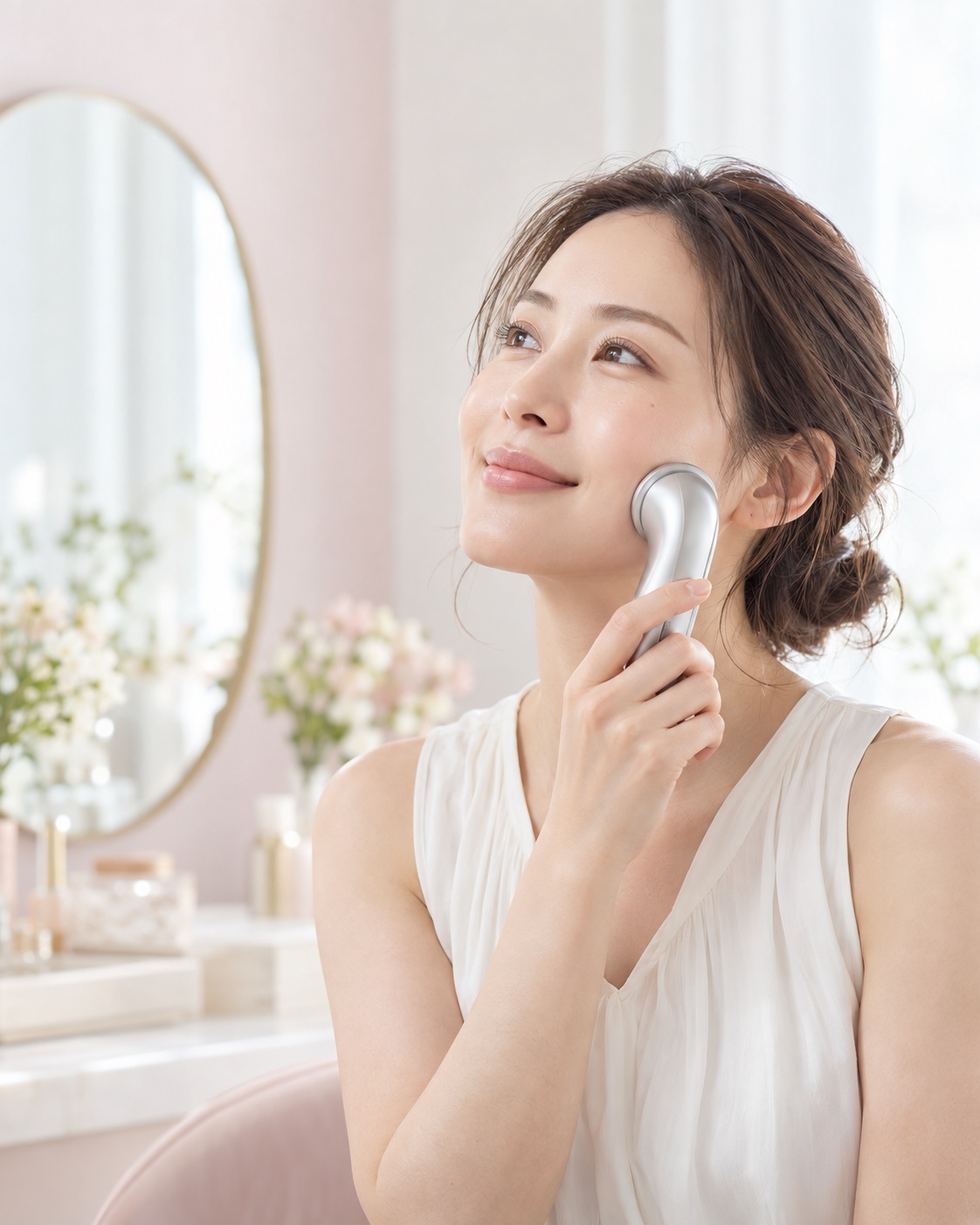 美顔器を頬に当てる女性