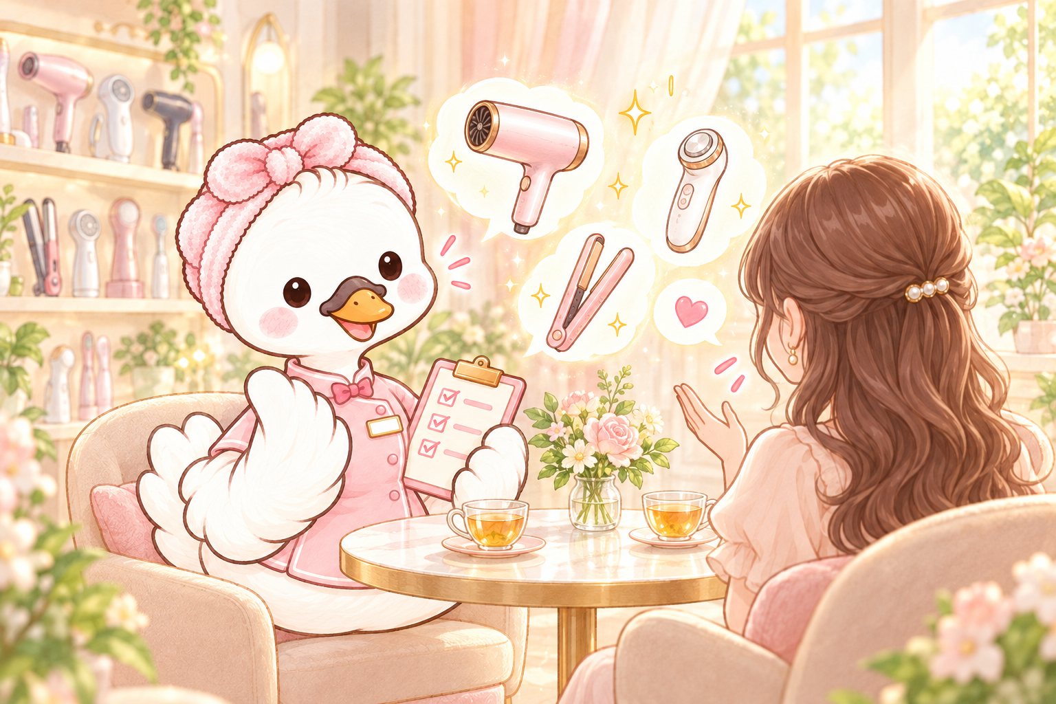 エステティシャンの白鳥が、お客さんの話をやさしく聞きながら診断している様子