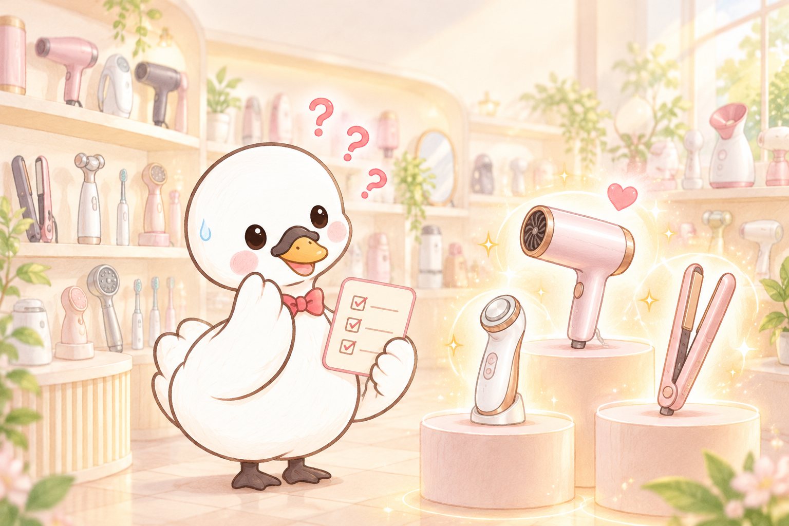 たくさんの美容家電の前で、どれを選べばいいか迷う白鳥