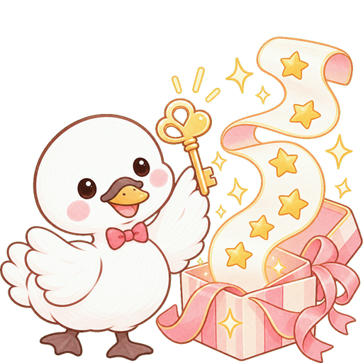 金色の鍵を持つ白鳥と、星のリボンがあふれる箱